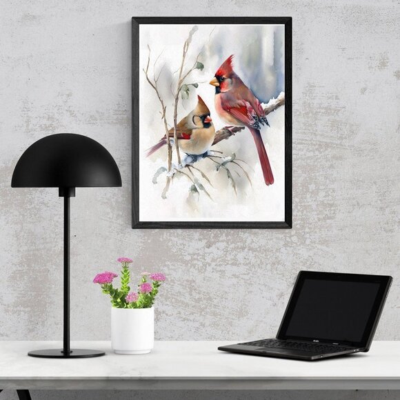 16x20 Northern Red Cardinal Female Cardinal Love Birds Watercolor Oil Painting… - Picture 5 of 5
